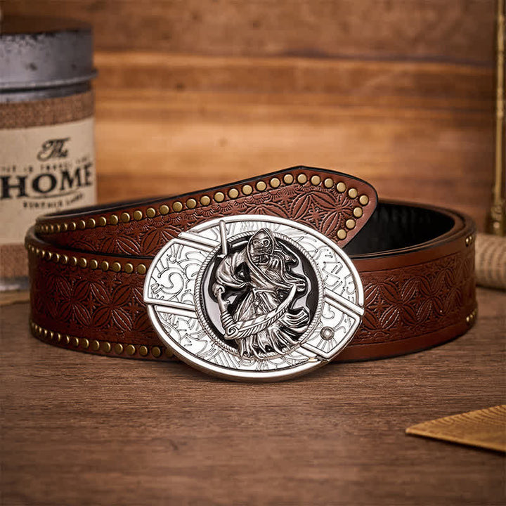 Ceinture en cuir avec boucle de couteau pliant caché, style guerrier squelette de la mort - Guerrier squelette - Ceinture à rivets marron - 42 - image 4