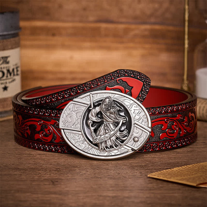 Ceinture en cuir avec boucle de couteau pliant caché, style guerrier squelette de la mort - Guerrier squelette - Ceinture sculptée marron - 42 - image 6