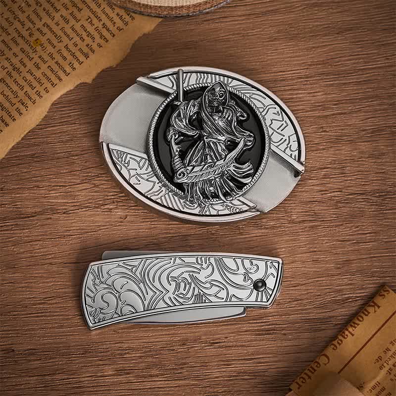 Ceinture en cuir avec boucle de couteau pliant caché, style guerrier squelette de la mort - image 10