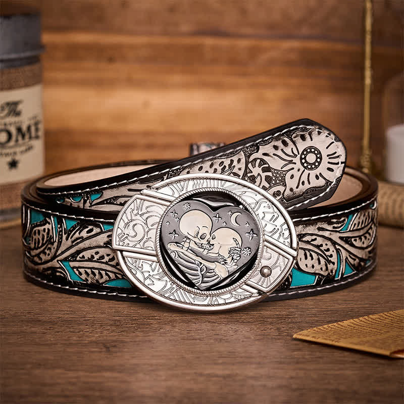 Ceinture en cuir à boucle de couteau pliant caché, style gothique, pour amoureux des squelettes. - Amoureux des squelettes - Ceinture à fleurs grises - 42 - image 8