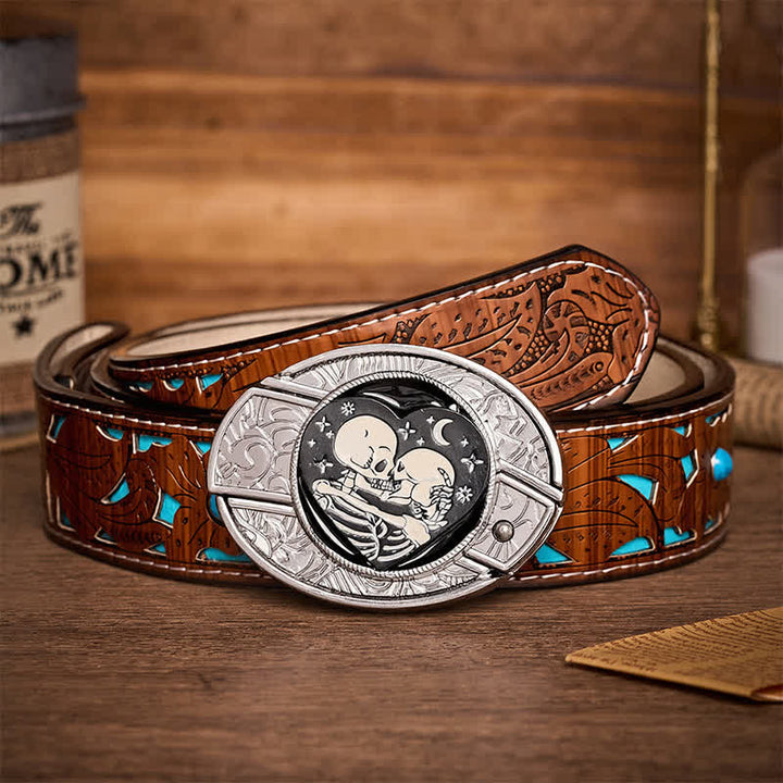 Ceinture en cuir à boucle de couteau pliant caché, style gothique, pour amoureux des squelettes. - Amoureux des squelettes - Ceinture turquoise sculptée - 42 - image 3
