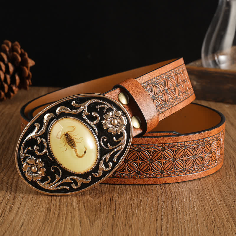 Ceinture en cuir à boucle pour homme avec motif animal, scorpion et fleur