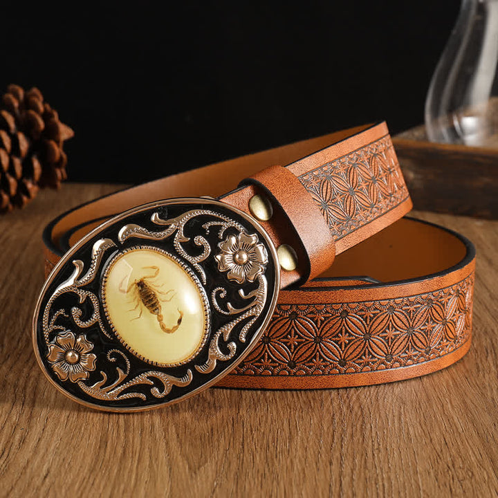 Ceinture en cuir à boucle pour homme avec motif animal, scorpion et fleur