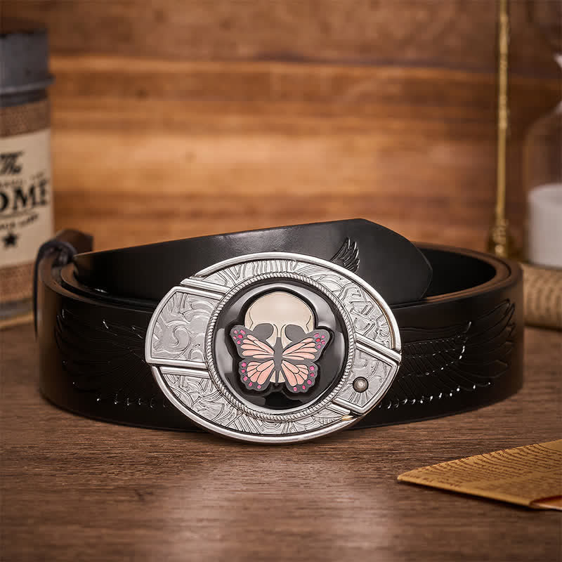 Ceinture en cuir avec boucle de couteau pliant caché, motif papillon et crâne, inspirée de la vie et de la mort - Papillon et crâne - Ceinture noire à motif aigle en relief - 42 - image 2