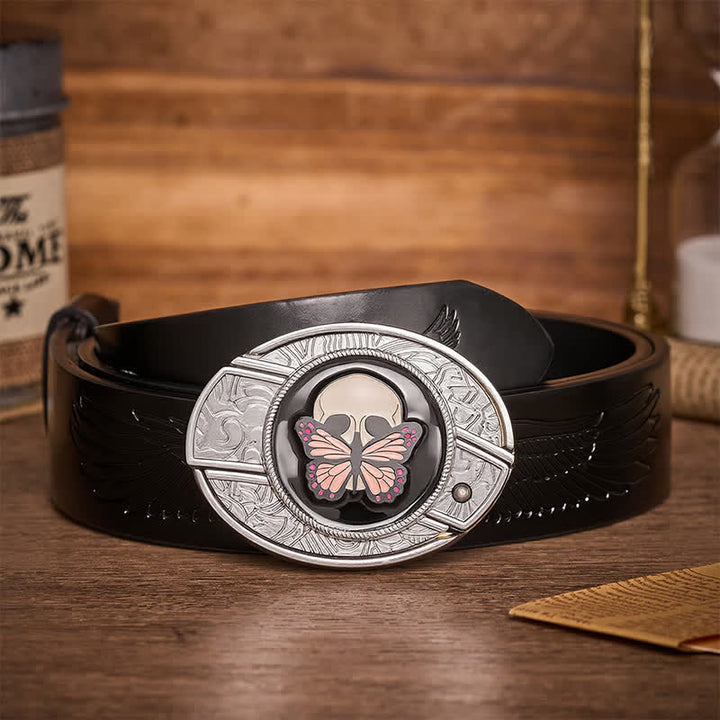 Ceinture en cuir avec boucle de couteau pliant caché, motif papillon et crâne, inspirée de la vie et de la mort - Papillon et crâne - Ceinture noire à motif aigle en relief - 42 - image 2