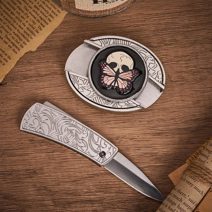 Ceinture en cuir avec boucle de couteau pliant caché, motif papillon et crâne, inspirée de la vie et de la mort - image 1