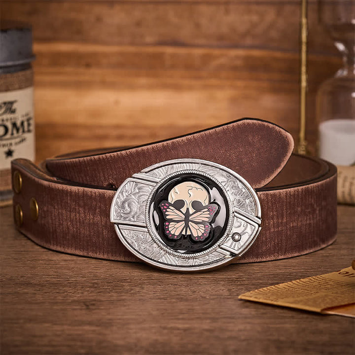Ceinture en cuir avec boucle de couteau pliant caché, motif papillon et crâne, inspirée de la vie et de la mort - Papillon et crâne - Ceinture marron vieillie - 42 - image 5