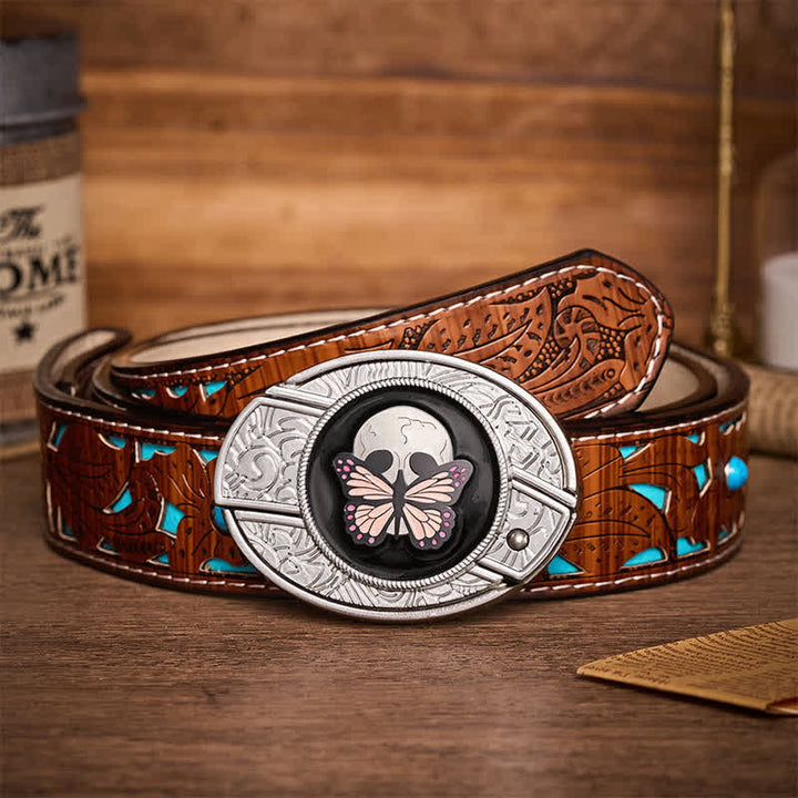 Ceinture en cuir avec boucle de couteau pliant caché, motif papillon et crâne, inspirée de la vie et de la mort - Papillon et crâne - Ceinture turquoise sculptée - 42 - image 3