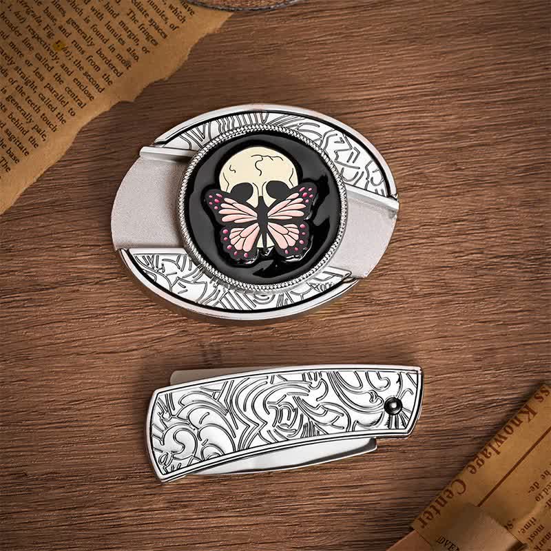 Ceinture en cuir avec boucle de couteau pliant caché, motif papillon et crâne, inspirée de la vie et de la mort - image 10