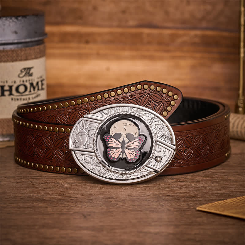 Ceinture en cuir avec boucle de couteau pliant caché, motif papillon et crâne, inspirée de la vie et de la mort - Papillon et crâne - Ceinture à rivets marron - 42 - image 4