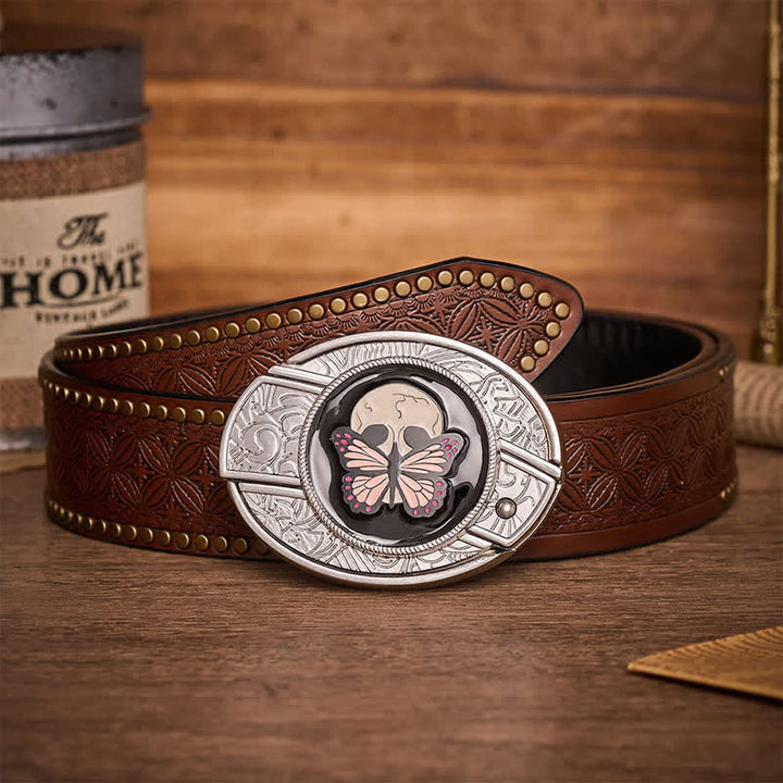 Ceinture en cuir avec boucle de couteau pliant caché, motif papillon et crâne, inspirée de la vie et de la mort - Papillon et crâne - Ceinture à rivets marron - 42 - image 4