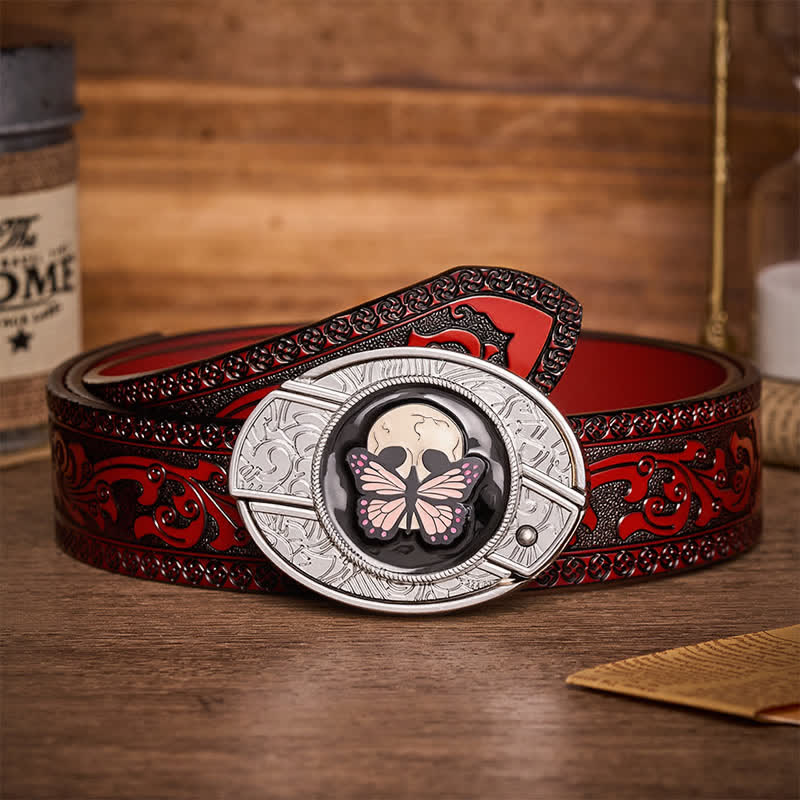 Ceinture en cuir avec boucle de couteau pliant caché, motif papillon et crâne, inspirée de la vie et de la mort - Papillon et crâne - Ceinture sculptée marron - 42 - image 6