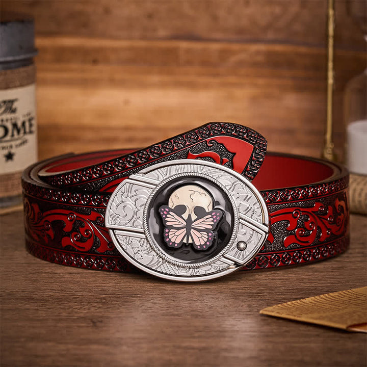 Ceinture en cuir avec boucle de couteau pliant caché, motif papillon et crâne, inspirée de la vie et de la mort - Papillon et crâne - Ceinture sculptée marron - 42 - image 6