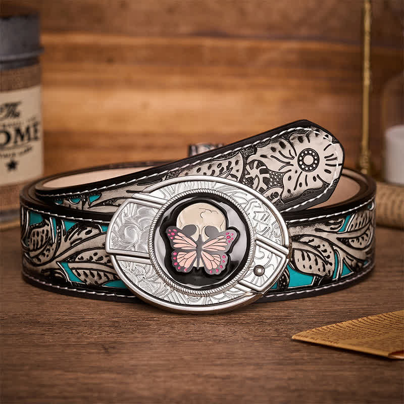 Ceinture en cuir avec boucle de couteau pliant caché, motif papillon et crâne, inspirée de la vie et de la mort - Papillon et crâne - Ceinture à fleurs grises - 42 - image 8