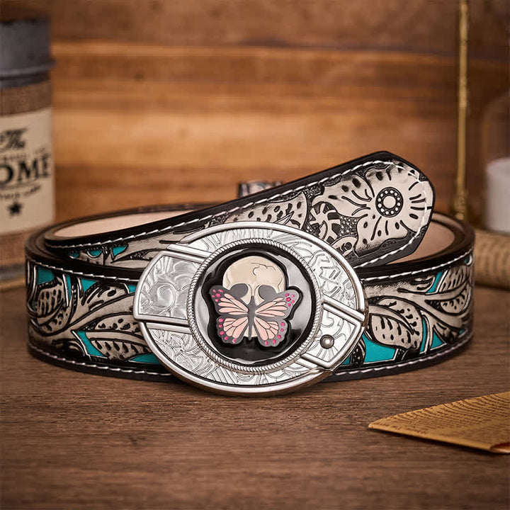 Ceinture en cuir avec boucle de couteau pliant caché, motif papillon et crâne, inspirée de la vie et de la mort - Papillon et crâne - Ceinture à fleurs grises - 42 - image 8