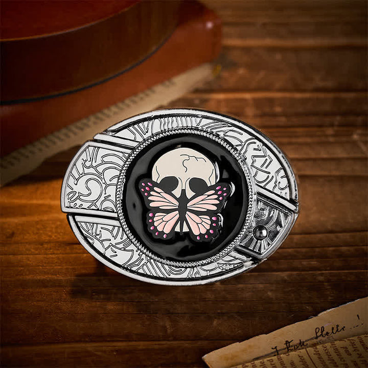 Ceinture en cuir avec boucle de couteau pliant caché, motif papillon et crâne, inspirée de la vie et de la mort - Papillon et crâne - Sans ceinture - Ceinture non incluse - image 0