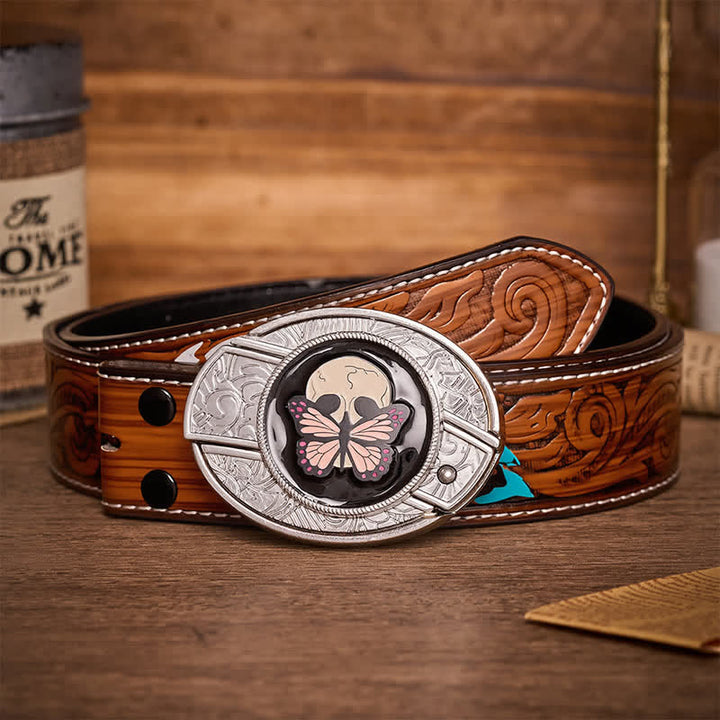 Ceinture en cuir avec boucle de couteau pliant caché, motif papillon et crâne, inspirée de la vie et de la mort - Papillon et crâne - Ceinture de plumes brunes - 40 - image 7