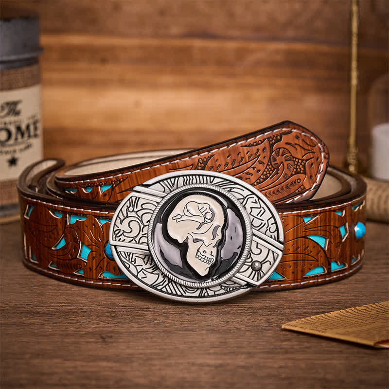 Le Rêve du Crâne Art Surréaliste Ceinture en Cuir à Boucle de Couteau Pliant Caché DIY - Le rêve du crâne - Ceinture turquoise sculptée - 42 - image 3