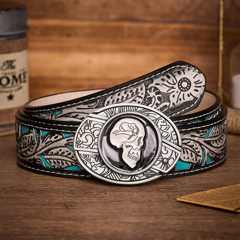 Le Rêve du Crâne Art Surréaliste Ceinture en Cuir à Boucle de Couteau Pliant Caché DIY - Le rêve du crâne - Ceinture à fleurs grises - 42 - image 8