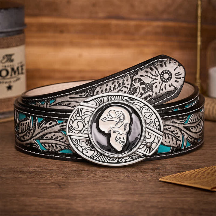 Le Rêve du Crâne Art Surréaliste Ceinture en Cuir à Boucle de Couteau Pliant Caché DIY - Le rêve du crâne - Ceinture à fleurs grises - 42 - image 8