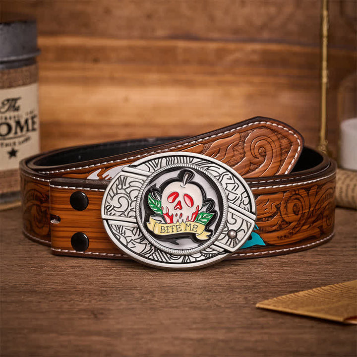 Ceinture en cuir avec boucle de couteau pliant caché « Mords-moi » en forme de crâne de pomme empoisonnée à faire soi-même - Crâne et pomme - Ceinture de plumes brunes - 40 - image 6
