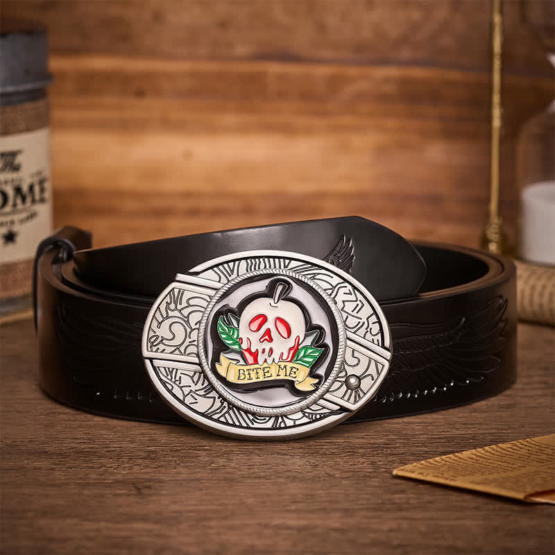 Ceinture en cuir avec boucle de couteau pliant caché « Mords-moi » en forme de crâne de pomme empoisonnée à faire soi-même - Crâne et pomme - Ceinture noire à motif aigle en relief - 42 - image 2