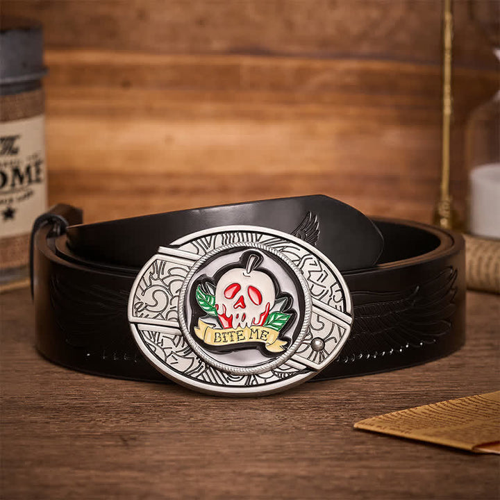 Ceinture en cuir avec boucle de couteau pliant caché « Mords-moi » en forme de crâne de pomme empoisonnée à faire soi-même - Crâne et pomme - Ceinture noire à motif aigle en relief - 42 - image 2