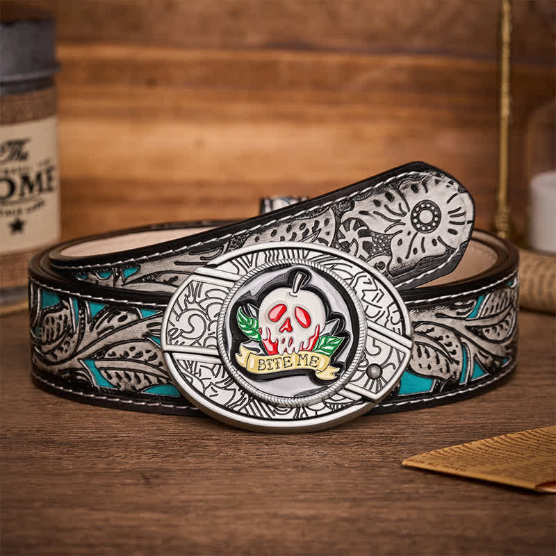 Ceinture en cuir avec boucle de couteau pliant caché « Mords-moi » en forme de crâne de pomme empoisonnée à faire soi-même - Crâne et pomme - Ceinture à fleurs grises - 42 - image 7