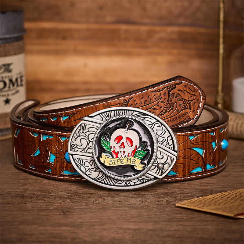 Ceinture en cuir avec boucle de couteau pliant caché « Mords-moi » en forme de crâne de pomme empoisonnée à faire soi-même - Crâne et pomme - Ceinture turquoise sculptée - 42 - image 3