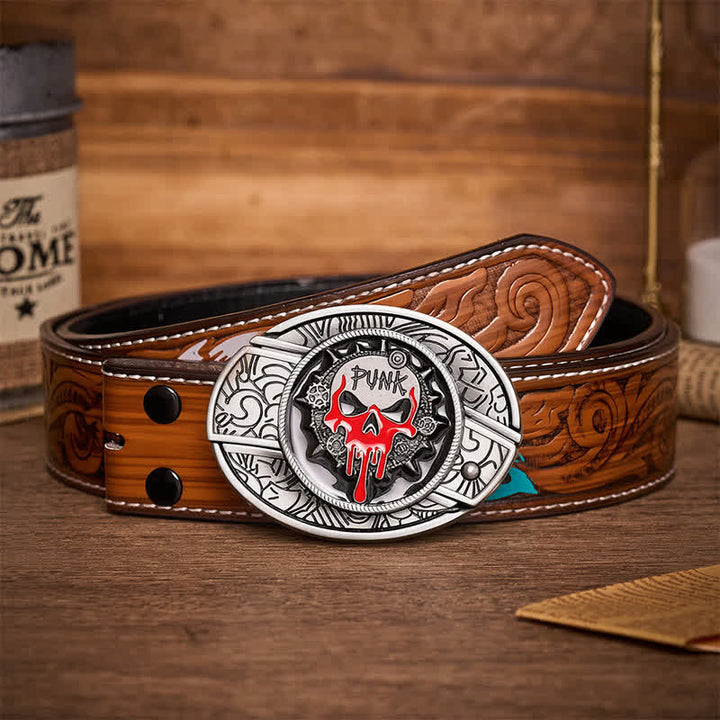 Ceinture en cuir avec boucle de couteau pliant caché, style punk sanglant et crâne, à faire soi-même - Crâne de punk sanguinaire - Ceinture de plumes brunes - 40 - image 7