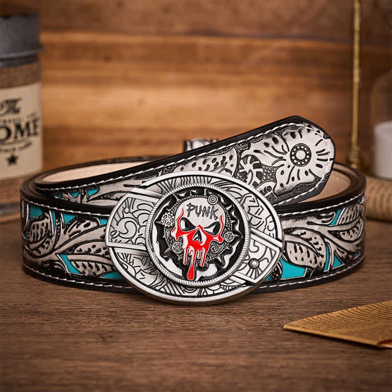 Ceinture en cuir avec boucle de couteau pliant caché, style punk sanglant et crâne, à faire soi-même - Crâne de punk sanguinaire - Ceinture à fleurs grises - 42 - image 8