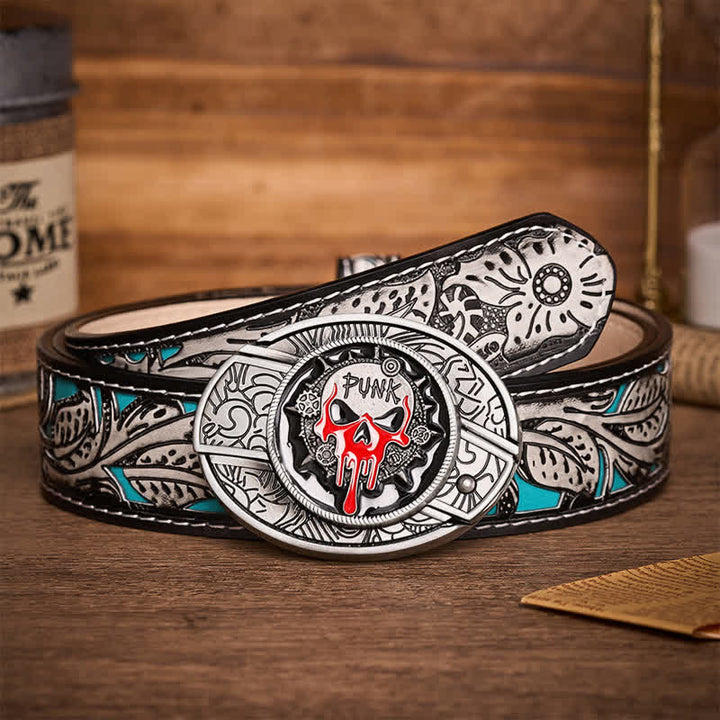 Ceinture en cuir avec boucle de couteau pliant caché, style punk sanglant et crâne, à faire soi-même - Crâne de punk sanguinaire - Ceinture à fleurs grises - 42 - image 8