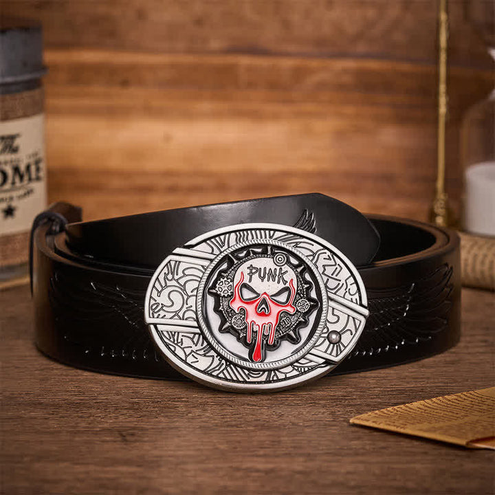 Ceinture en cuir avec boucle de couteau pliant caché, style punk sanglant et crâne, à faire soi-même - Crâne de punk sanguinaire - Ceinture noire à motif aigle en relief - 42 - image 2