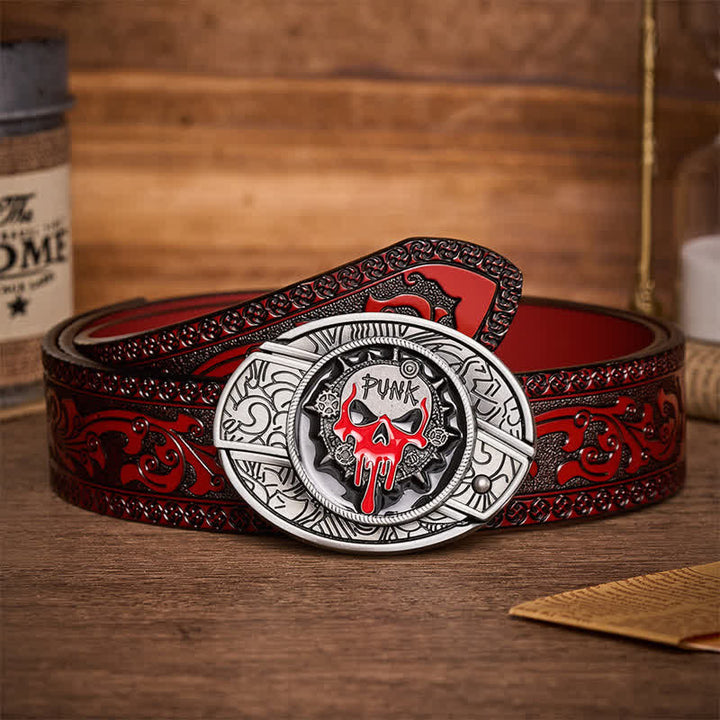 Ceinture en cuir avec boucle de couteau pliant caché, style punk sanglant et crâne, à faire soi-même - Crâne de punk sanguinaire - Ceinture sculptée marron - 42 - image 6