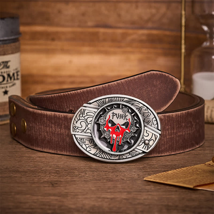 Ceinture en cuir avec boucle de couteau pliant caché, style punk sanglant et crâne, à faire soi-même - Crâne de punk sanguinaire - Ceinture marron vieillie - 42 - image 5