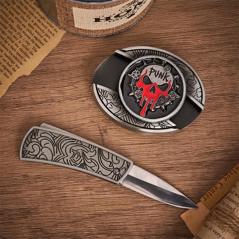 Ceinture en cuir avec boucle de couteau pliant caché, style punk sanglant et crâne, à faire soi-même - image 1