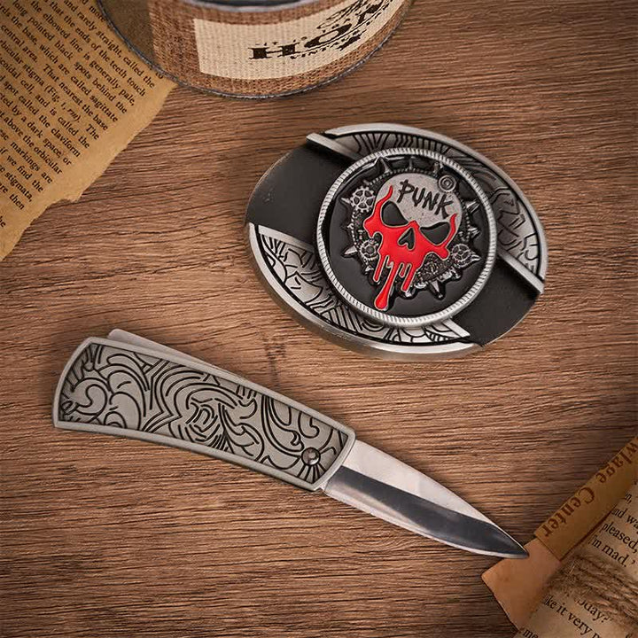 Ceinture en cuir avec boucle de couteau pliant caché, style punk sanglant et crâne, à faire soi-même - image 1