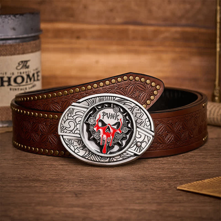Ceinture en cuir avec boucle de couteau pliant caché, style punk sanglant et crâne, à faire soi-même - Crâne de punk sanguinaire - Ceinture à rivets marron - 42 - image 4