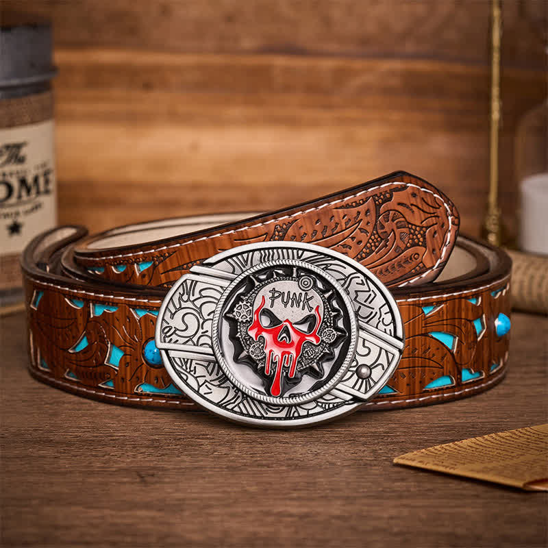 Ceinture en cuir avec boucle de couteau pliant caché, style punk sanglant et crâne, à faire soi-même - Crâne de punk sanguinaire - Ceinture turquoise sculptée - 42 - image 3