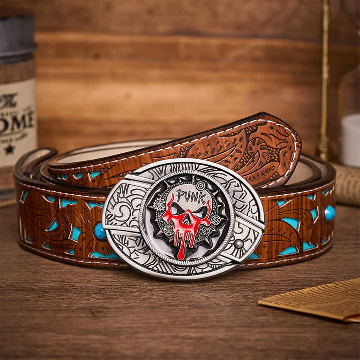 Ceinture en cuir avec boucle de couteau pliant caché, style punk sanglant et crâne, à faire soi-même - Crâne de punk sanguinaire - Ceinture turquoise sculptée - 42 - image 3