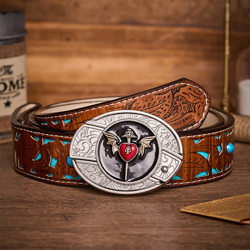 Ceinture en cuir avec boucle de couteau pliant dissimulée, ailes de chauve-souris, crâne et cœur de vampire - Cœur de chauve-souris - Ceinture turquoise sculptée - 42 - image 3