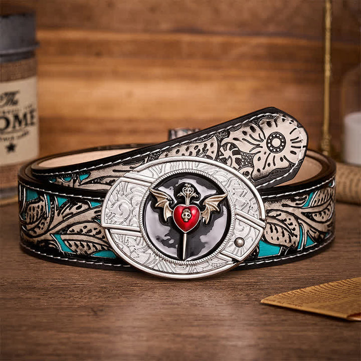 Ceinture en cuir avec boucle de couteau pliant dissimulée, ailes de chauve-souris, crâne et cœur de vampire - Cœur de chauve-souris - Ceinture à fleurs grises - 42 - image 8