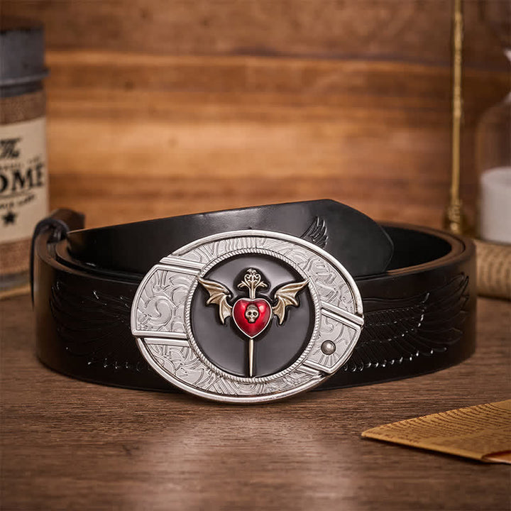 Ceinture en cuir avec boucle de couteau pliant dissimulée, ailes de chauve-souris, crâne et cœur de vampire - Cœur de chauve-souris - Ceinture noire à motif aigle en relief - 42 - image 2