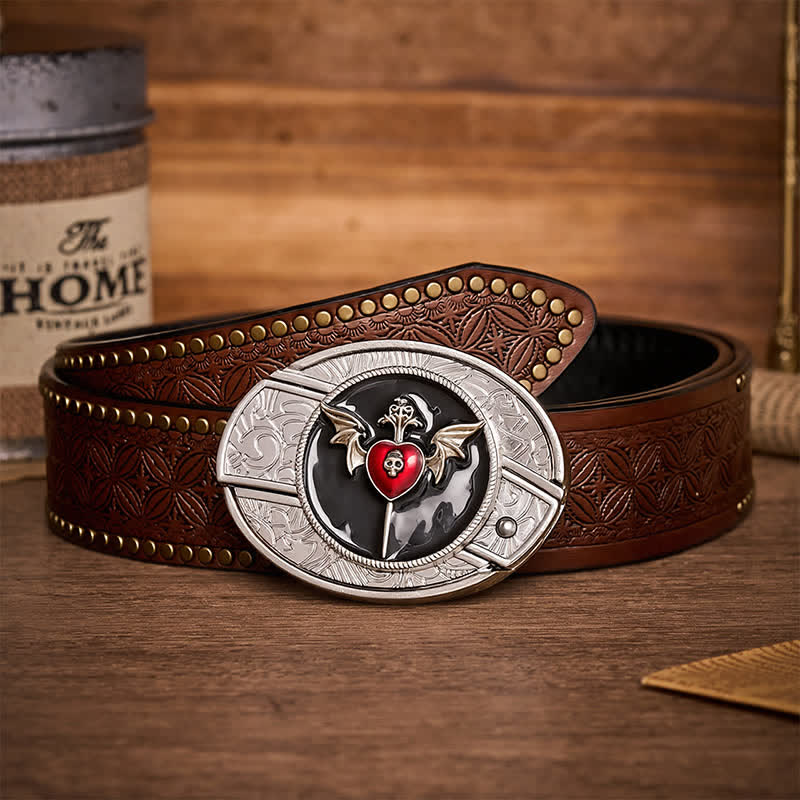 Ceinture en cuir avec boucle de couteau pliant dissimulée, ailes de chauve-souris, crâne et cœur de vampire - Cœur de chauve-souris - Ceinture à rivets marron - 42 - image 4