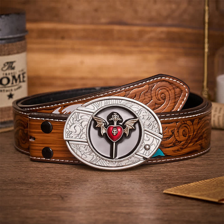 Ceinture en cuir avec boucle de couteau pliant dissimulée, ailes de chauve-souris, crâne et cœur de vampire - Cœur de chauve-souris - Ceinture de plumes brunes - 40 - image 7