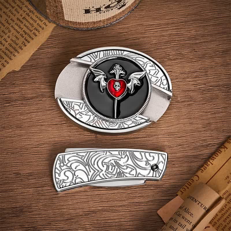 Ceinture en cuir avec boucle de couteau pliant dissimulée, ailes de chauve-souris, crâne et cœur de vampire - image 10