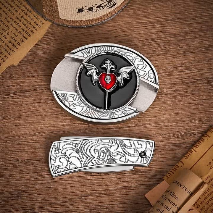Ceinture en cuir avec boucle de couteau pliant dissimulée, ailes de chauve-souris, crâne et cœur de vampire - image 10