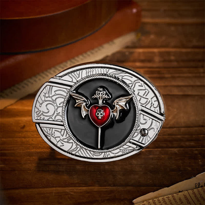 Ceinture en cuir avec boucle de couteau pliant dissimulée, ailes de chauve-souris, crâne et cœur de vampire - Cœur de chauve-souris - Sans ceinture - Ceinture non incluse - image 0