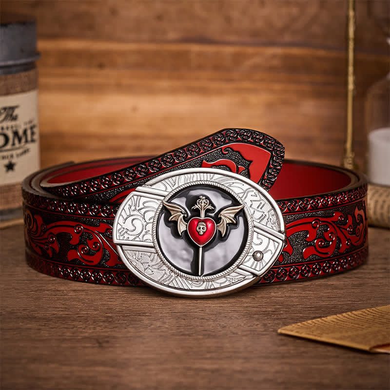 Ceinture en cuir avec boucle de couteau pliant dissimulée, ailes de chauve-souris, crâne et cœur de vampire - Cœur de chauve-souris - Ceinture sculptée marron - 42 - image 6