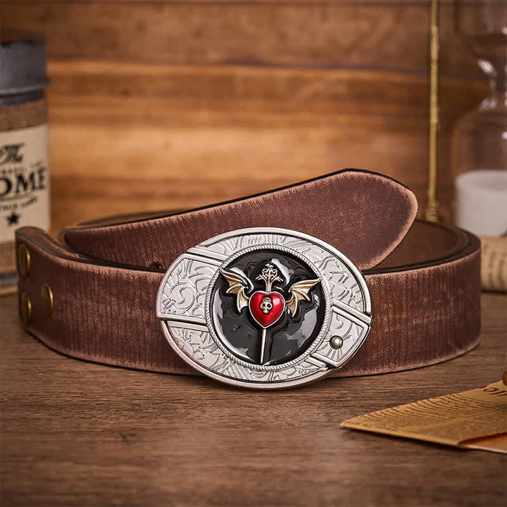 Ceinture en cuir avec boucle de couteau pliant dissimulée, ailes de chauve-souris, crâne et cœur de vampire - Cœur de chauve-souris - Ceinture marron vieillie - 42 - image 5
